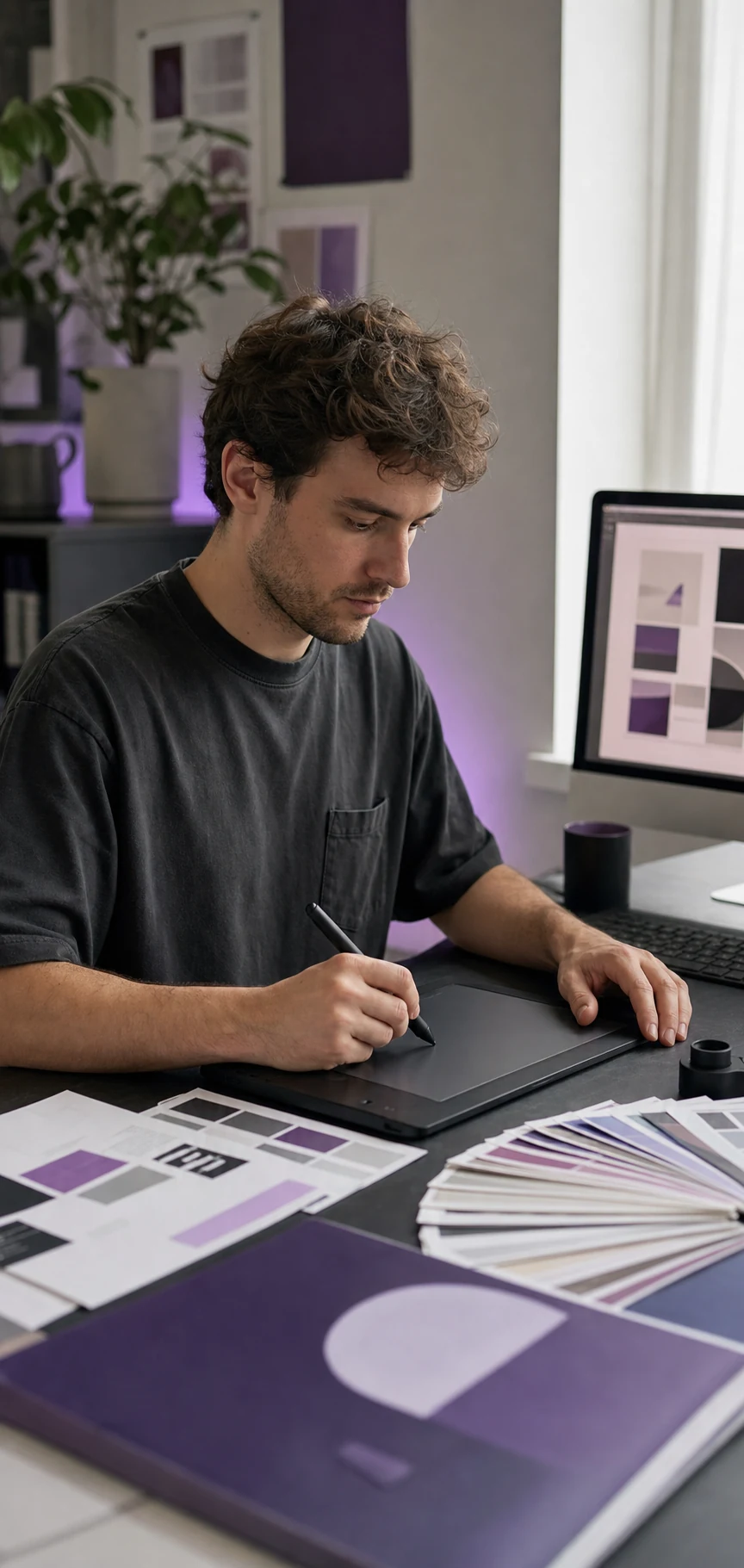 Apprenant graphiste travaillant sur une composition visuelle